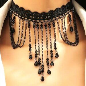 Lace Choker Necklace Beads Dangle Pendant Collar Punk Goth Costume Vamp Sexy NEW
